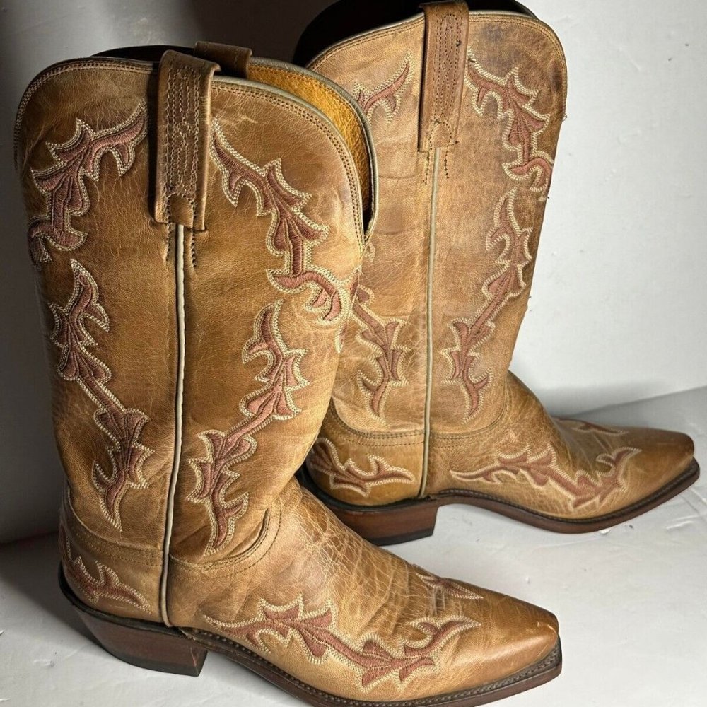 MENS LUCCHESE 1883 BROWN LEATHER EMBROIDERED BOOTS SIZE 7B
